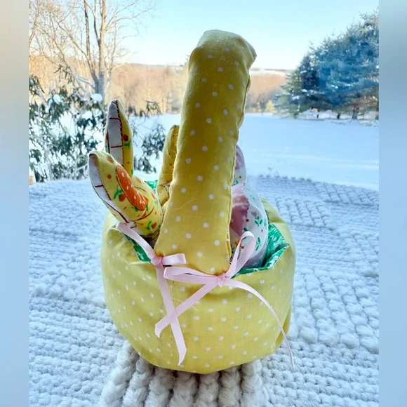 Vintage Handmade Fabric Plush Easter Basket with Bunny, chick and eggs - Picture 2 of 15